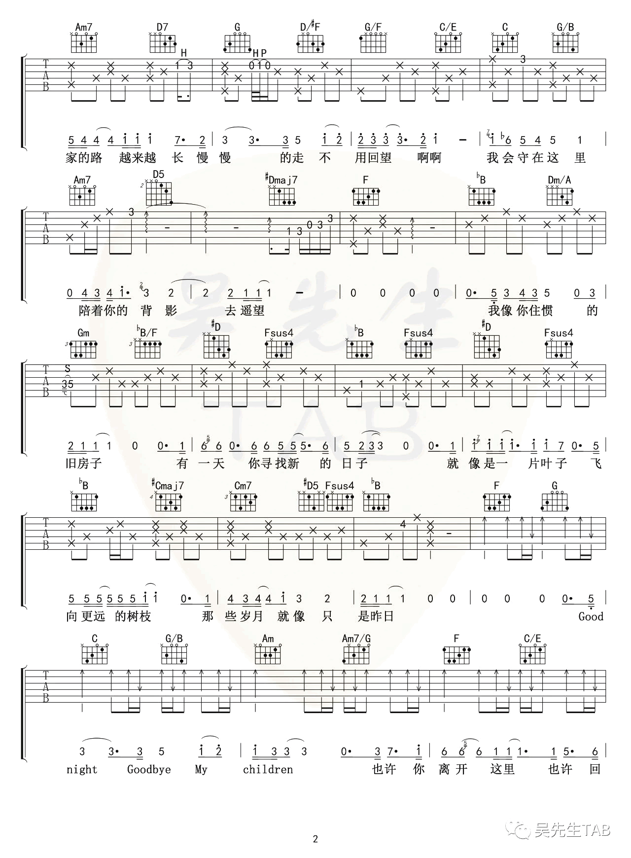 毛不易《我会守在这里》-G调原版弹唱谱六线谱第2张